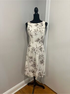 EUC LOFT Cream Linen Blend Floral Aline Midi Boat Neck Sleeveless lined Dress